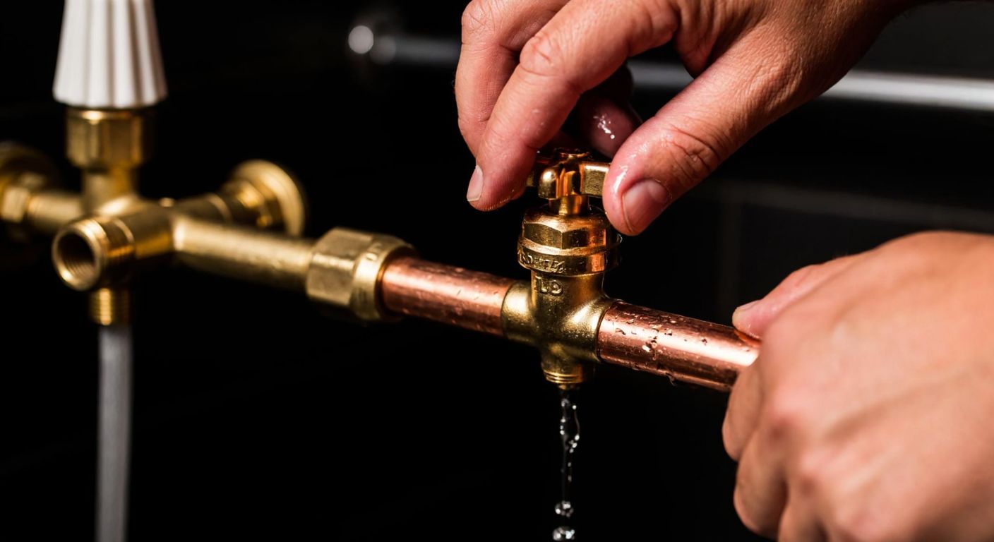 A close-up of a Turkish plumber’s calloused hands carefully connecting a three-way brass valve to copper pipes in a dimly lit bathroom, with droplets of water glistening on the fittings.