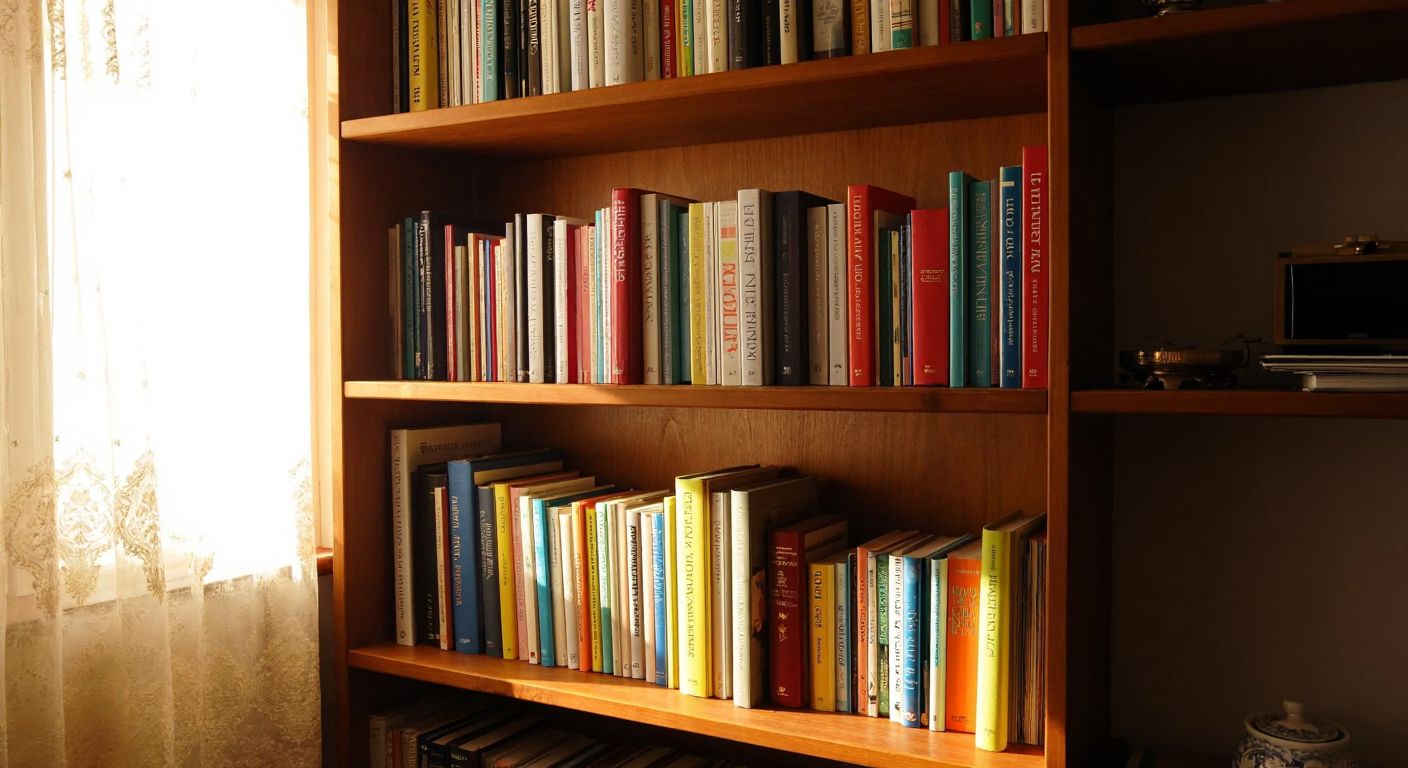 A wooden bookshelf in a cozy Turkish study filled with 28 colorful books, some stacked neatly and others slightly askew, with warm sunlight streaming through a lace-curtained window.