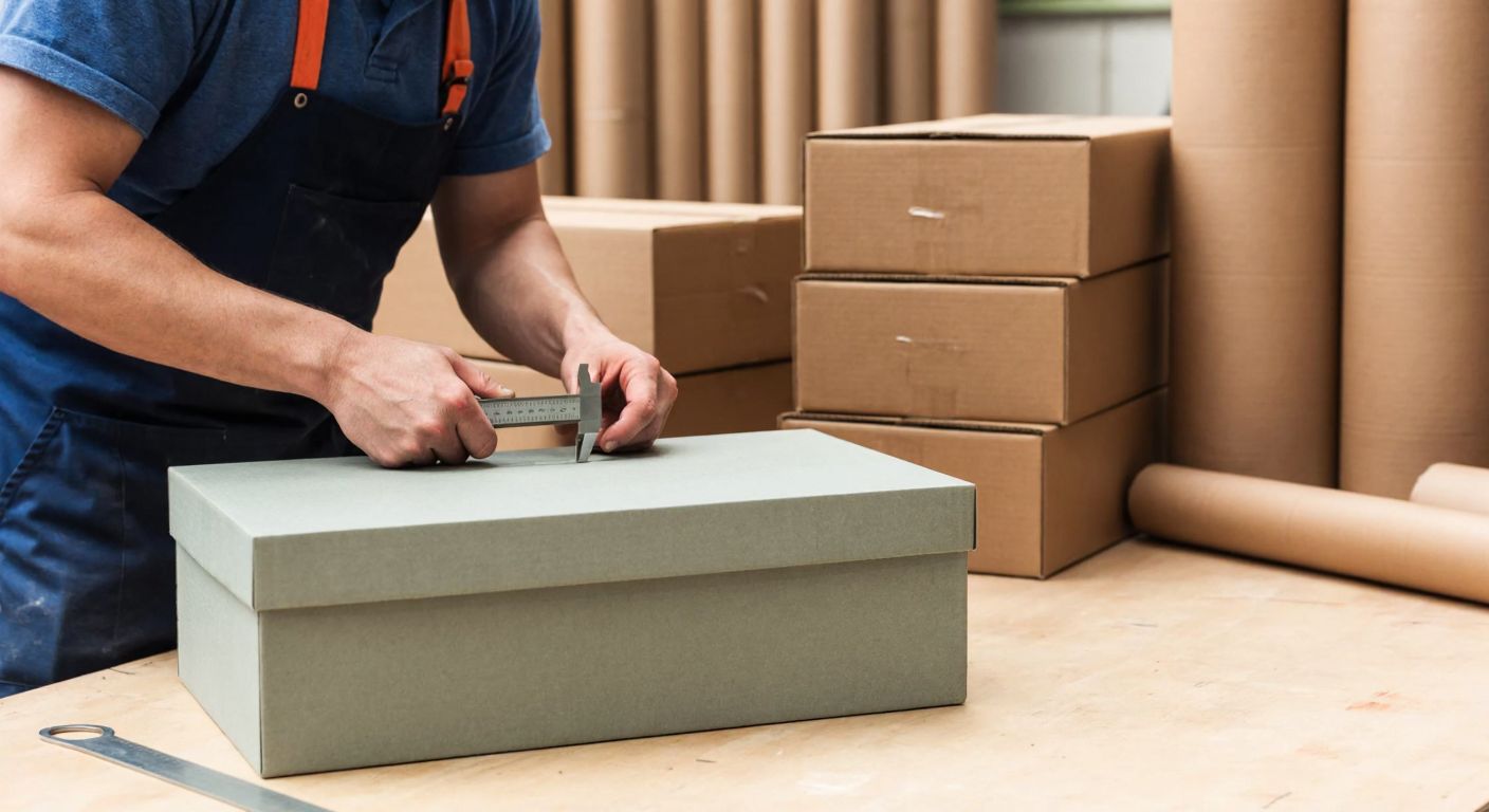 A craftsman in a workshop carefully measuring the thickness of a sturdy gray cardboard box with calipers, surrounded by stacks of similar boxes and rolls of cardboard material.
