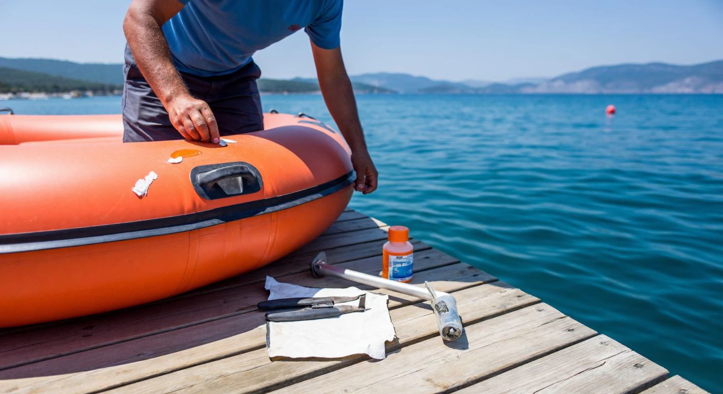 A person in casual clothing carefully applies adhesive to a small tear on an orange inflatable boat resting on a wooden dock by a sunny Turkish coastline, with a repair kit and tools laid out beside them.