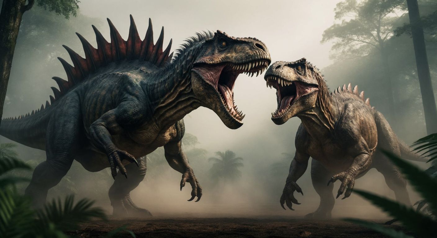 A towering Spinosaurus with a sail-like spine faces off against a roaring T-Rex in a misty prehistoric jungle, their eyes locked in fierce confrontation.