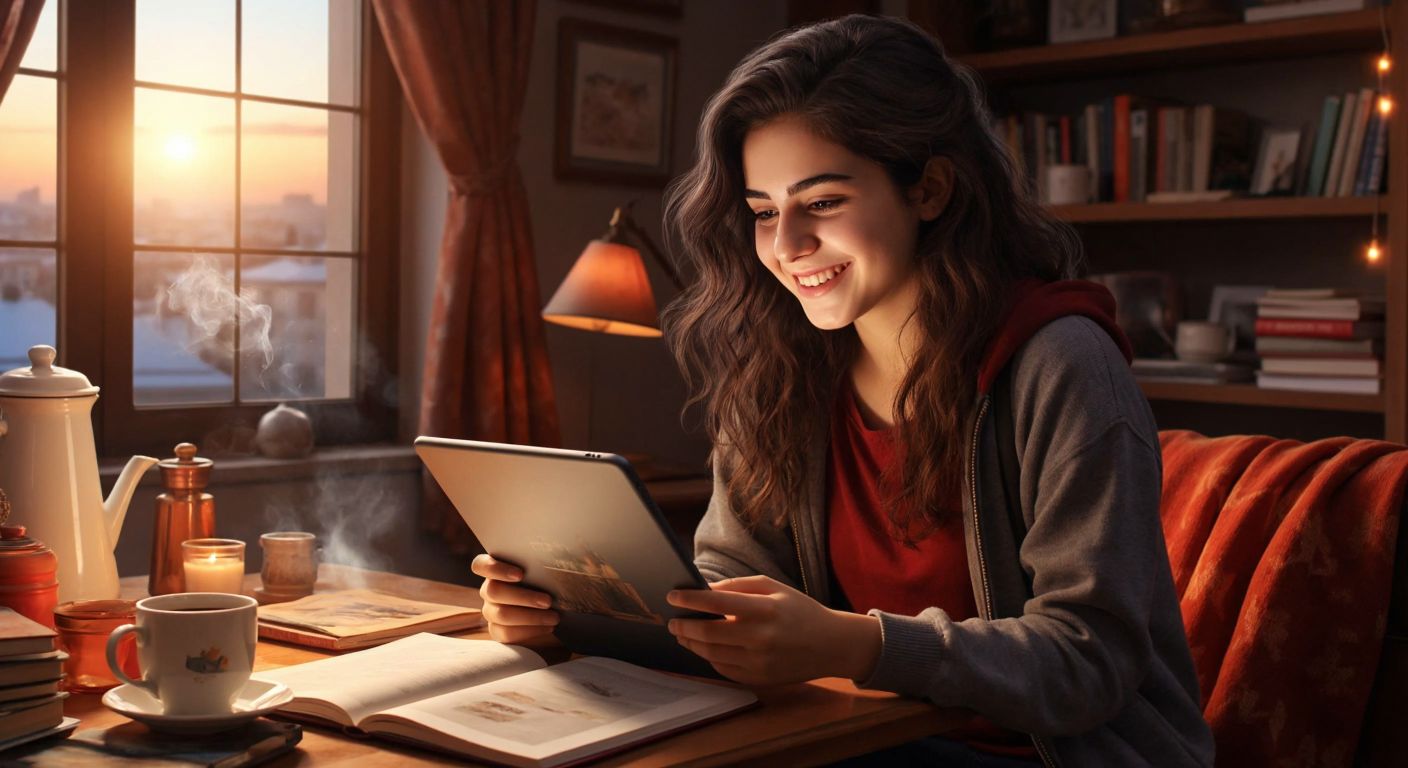 A young Turkish student in a cozy home study, smiling while watching a video solution on a tablet, surrounded by Açı Yayınları textbooks and a steaming cup of çay.