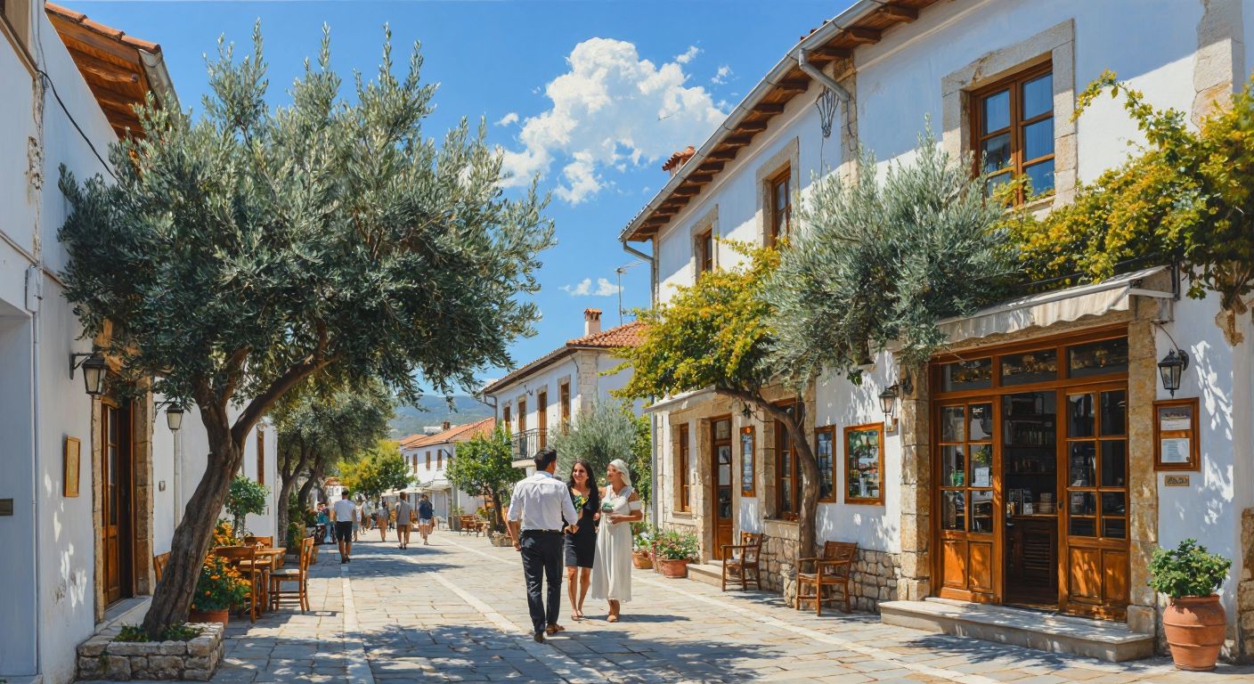 A bustling street in Urla, İzmir, with a modern real estate office on Kır Sokak, where a well-dressed agent warmly greets a couple outside under a bright blue sky, surrounded by olive trees and traditional Aegean-style whitewashed buildings.