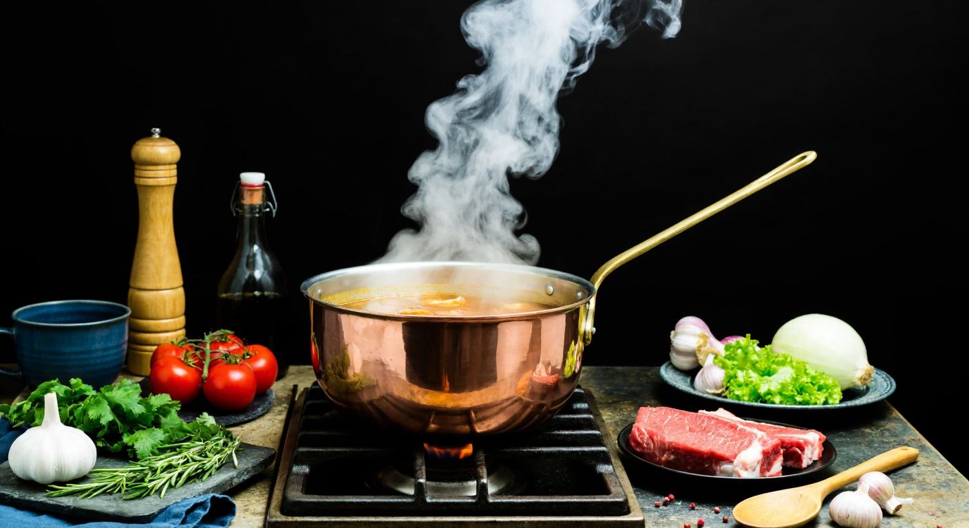 A rustic Turkish kitchen with a bubbling copper pot of demi-glace sauce on a stove, surrounded by fresh ingredients like beef bones, chopped vegetables, and herbs, with steam rising and a wooden spoon stirring slowly.