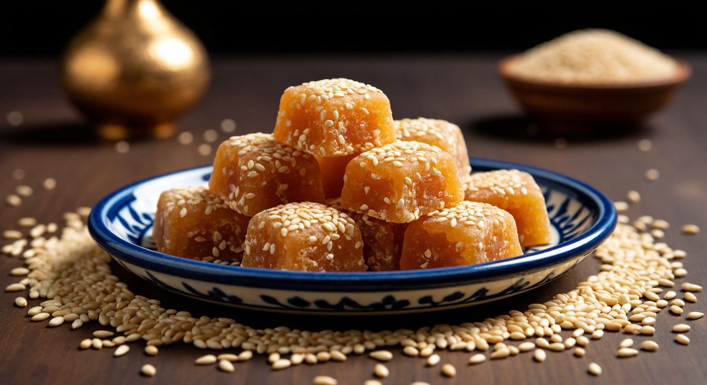 A golden-brown sesame-coated akide candy resting on a traditional Turkish ceramic plate, surrounded by scattered sesame seeds, evoking warmth and sweetness.