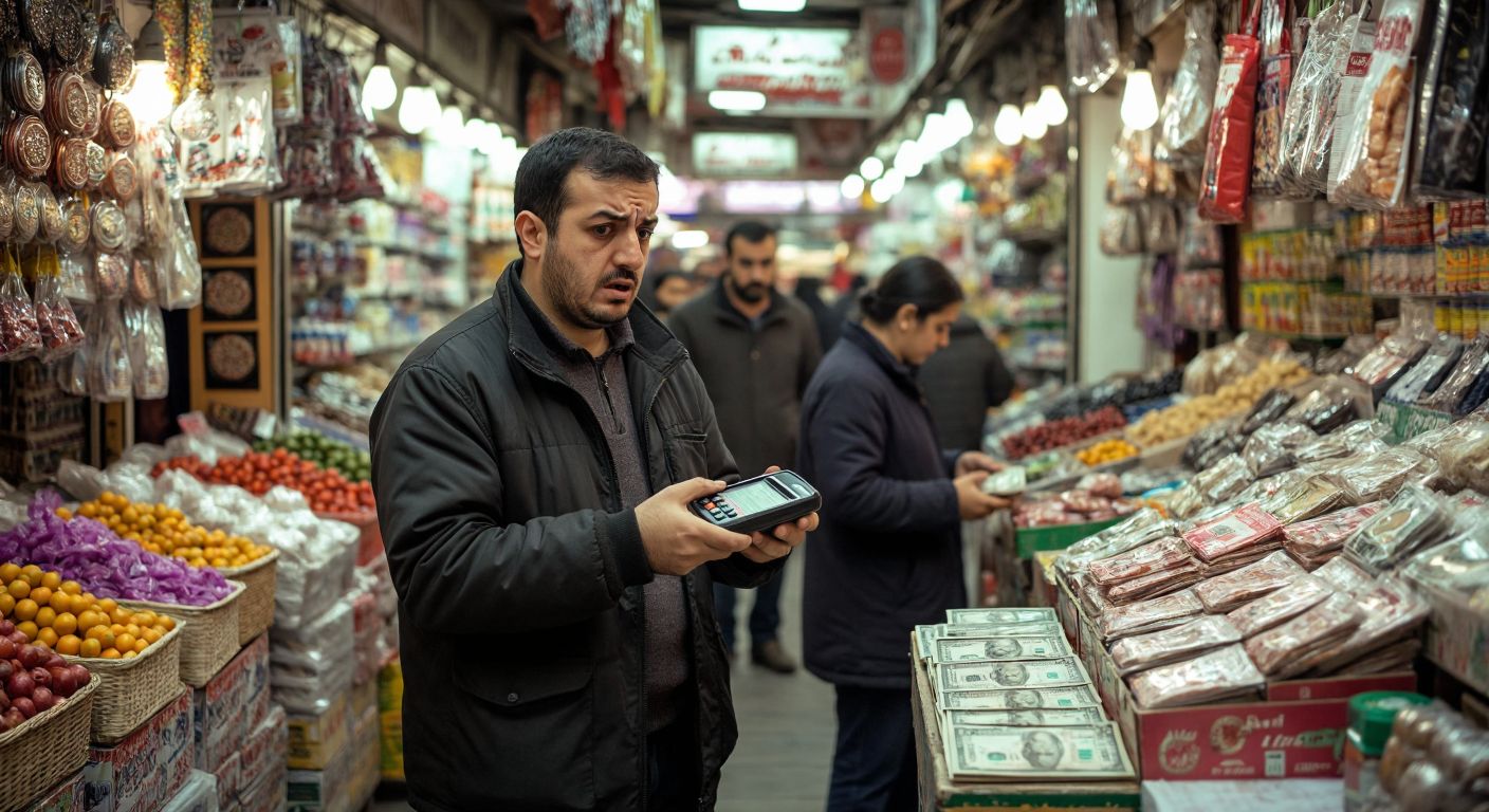 A frustrated shopkeeper in a bustling Turkish bazaar holds a malfunctioning POS device while a patient customer offers cash as an alternative payment method.