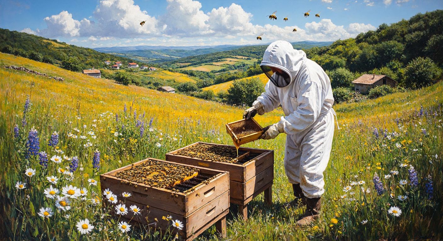 A sunny rural landscape in Şile with a beekeeper in a white protective suit carefully extracting golden honey from wooden hives, surrounded by buzzing bees and wildflowers.
