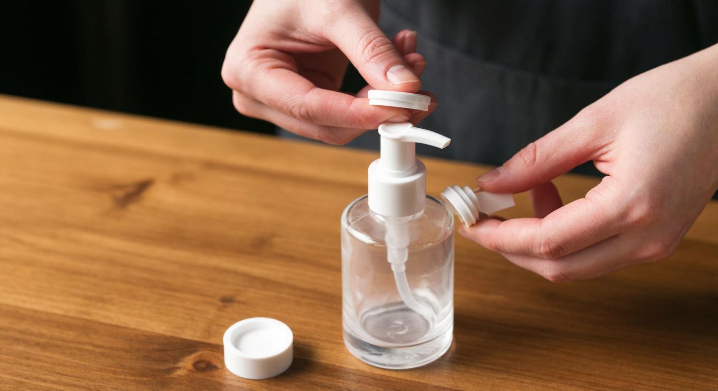A close-up of a person’s hands carefully twisting a white lotion pump cap onto a glass bottle, with a small rubber seal visible beside it on a wooden table.