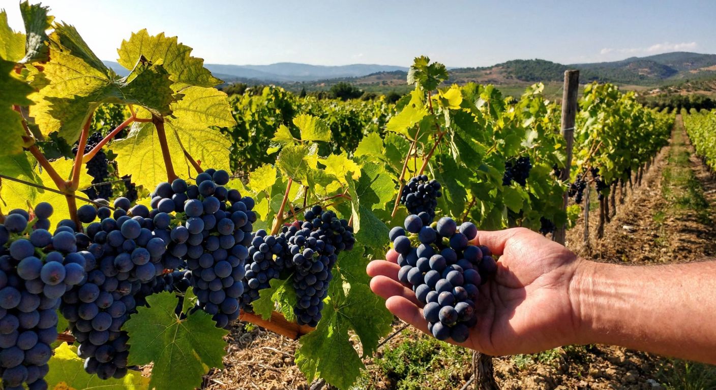 A sunlit Turkish vineyard with rows of plump Boğazkere, Sultaniye, and Çalkarası grapes, their deep purples and golden yellows glistening, while a weathered hand gently cradles a cluster against the backdrop of rolling Anatolian hills.