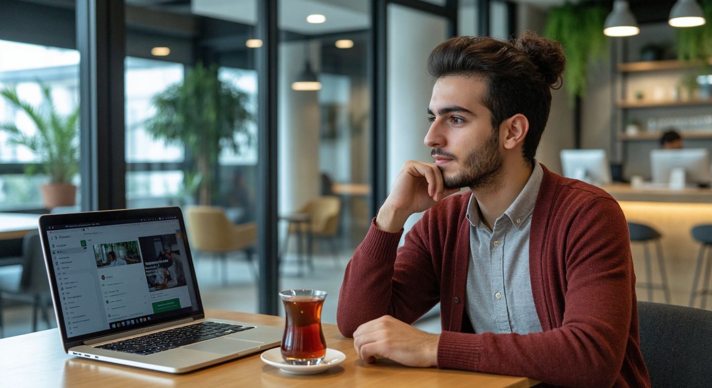 A young professional in a modern office in Turkey, thoughtfully browsing a laptop screen displaying a Glassdoor employer profile, with a warm cup of Turkish tea beside them, reflecting determination and curiosity.