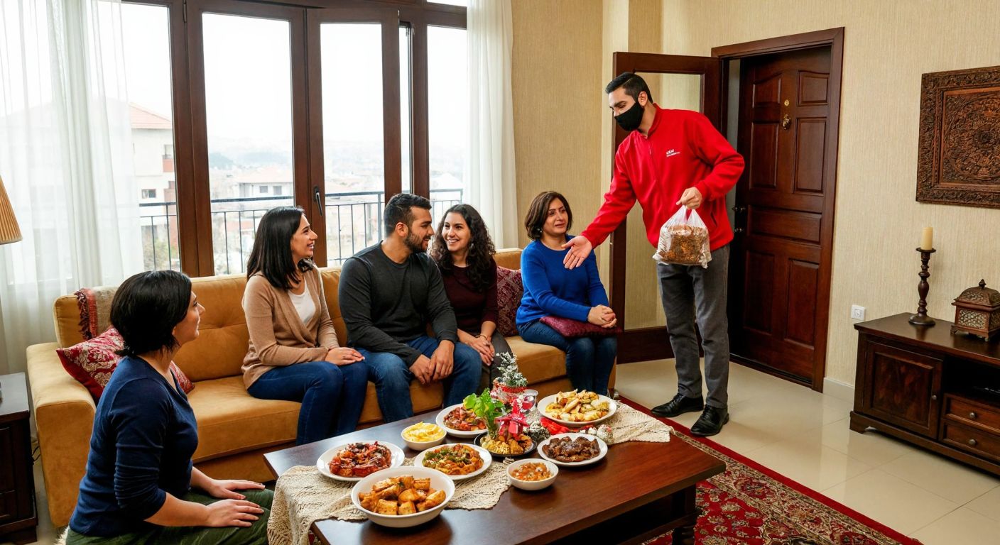 A cozy Turkish living room on New Year's Day, with a family gathered around a table set with festive dishes, while a delivery person in a red jacket hands over a steaming bag of food at the door.