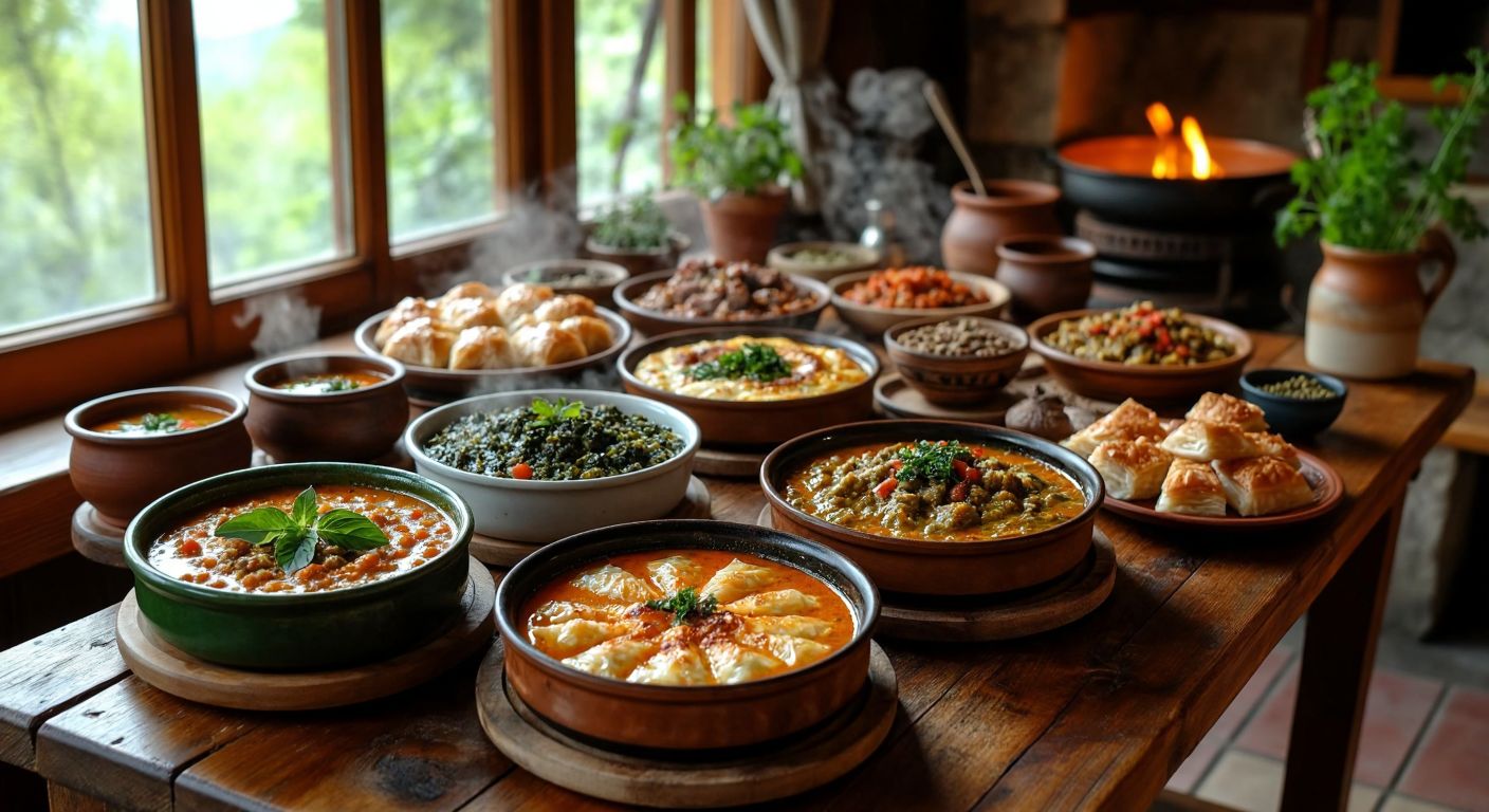 A rustic wooden table in a cozy Zonguldak home is laden with steaming bowls of Uğmaç Çorbası, vibrant green Mancar Sarması, golden Malay, a hearty plate of Tirit, and delicate slices of Beyaz Baklava, surrounded by warm light and the inviting aroma of traditional Turkish cuisine.