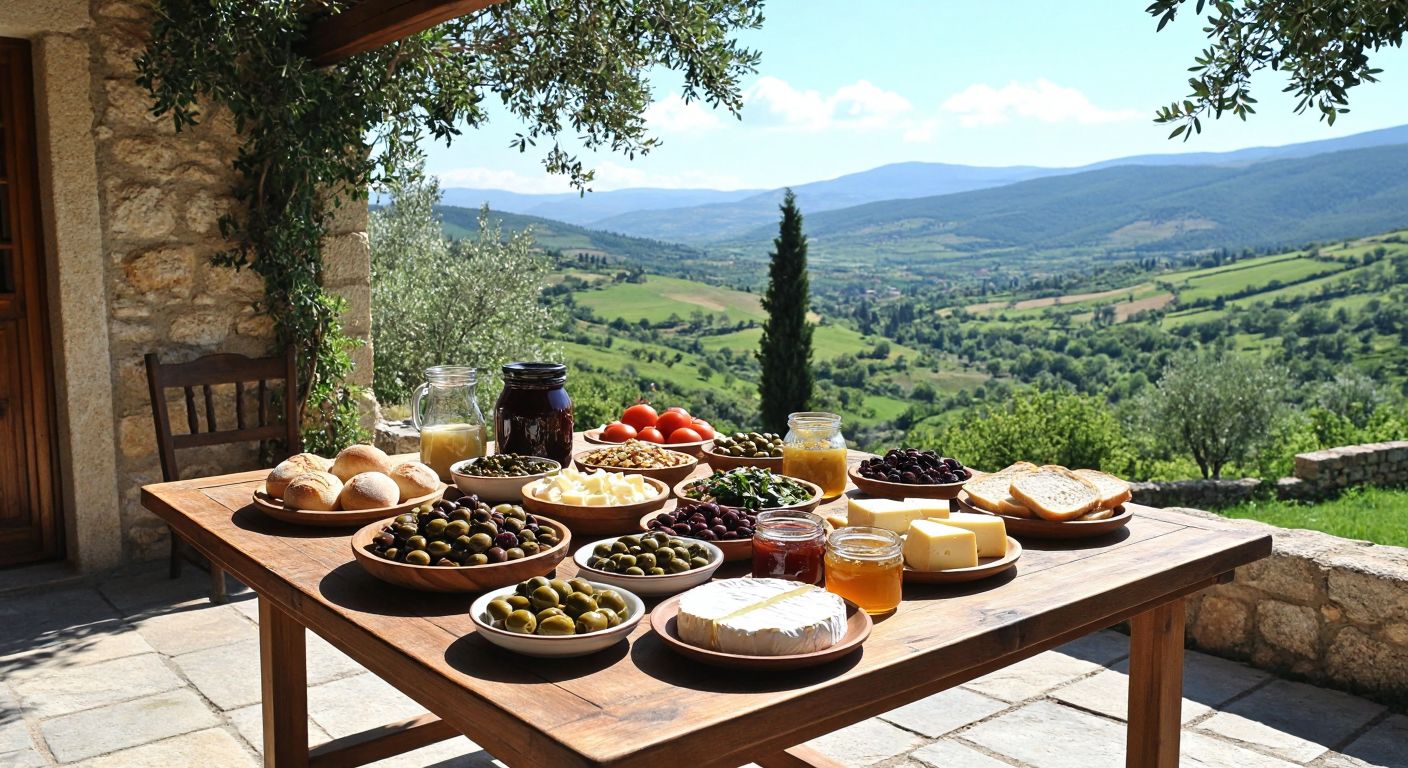 A rustic wooden table in a sunlit courtyard, laden with a traditional Turkish breakfast spread—olives, cheeses, honey, kaymak, fresh bread, and homemade jams—overlooking the rolling green hills of Bergama.