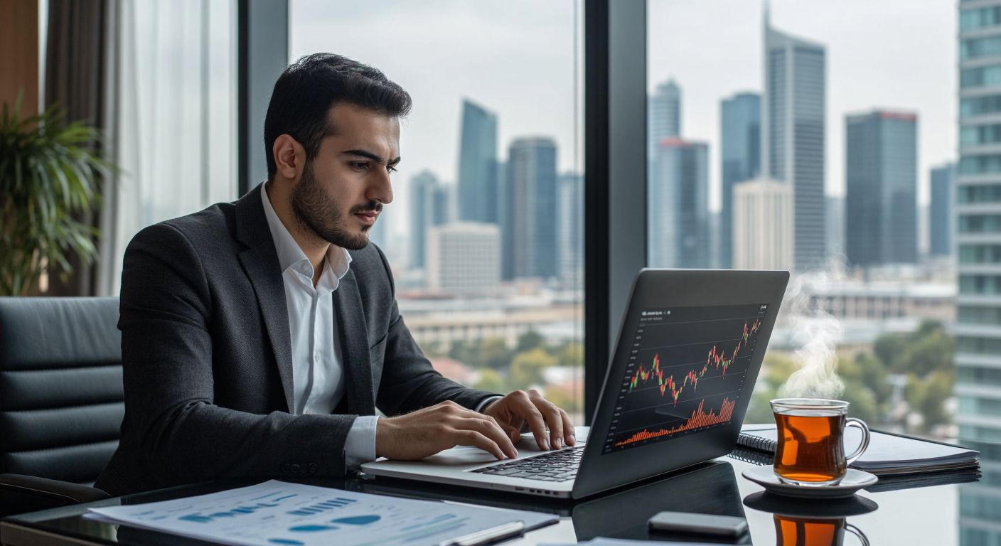 A focused Turkish investor in a modern office, studying stock charts on a sleek laptop with a steaming cup of Turkish coffee beside them, surrounded by financial documents and a city skyline visible through the window.
