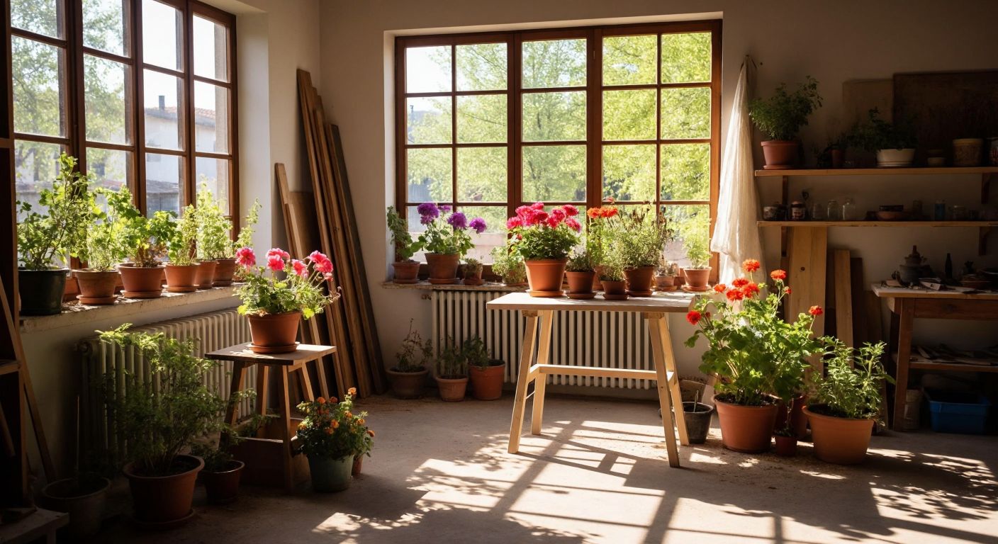 A sunlit workshop with scattered wooden planks, a half-built flower stand with angled legs, and vibrant potted flowers arranged on a nearby shelf, evoking a sense of hands-on craftsmanship in Turkey.