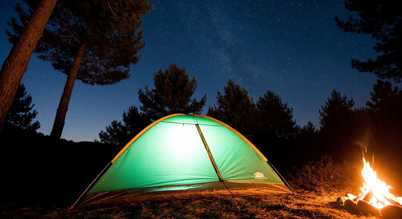 A sturdy green tent with a mesh inner layer and a waterproof outer tarp pitched under a starry night sky in a Turkish pine forest, with a warm glow from a small campfire nearby.