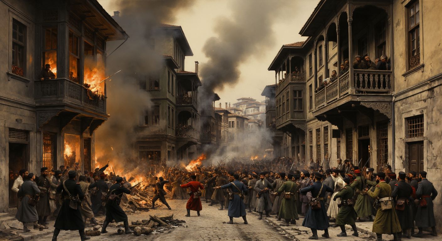 A chaotic scene in early 20th-century Istanbul, with Ottoman-era soldiers clashing in narrow cobblestone streets, smoke rising from scattered fires, and a tense crowd of civilians watching from the shadows of wooden houses with overhanging balconies.
