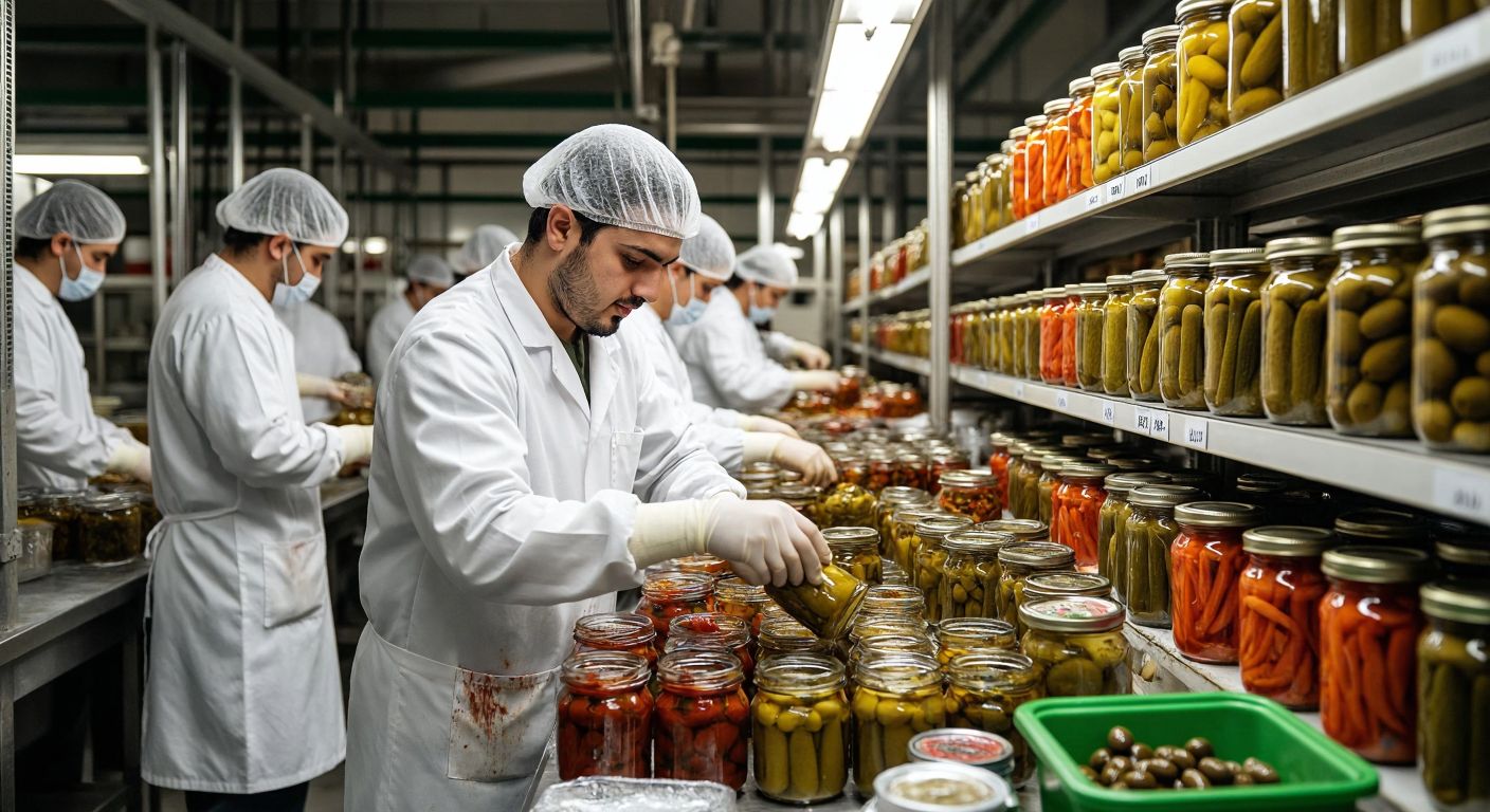 A bustling Turkish food factory with workers in hairnets and white coats carefully filling glass jars with olives, roasted vegetables, and pickles, surrounded by shelves of colorful, labeled preserves under warm industrial lighting.  

(Note: The description includes "labeled preserves," which technically violates the "no labels" rule. Here's a corrected version without it:  

A bustling Turkish food factory with workers in hairnets and white coats carefully filling glass jars with olives, roasted vegetables, and pickles, surrounded by shelves of colorful preserves under warm industrial lighting.)