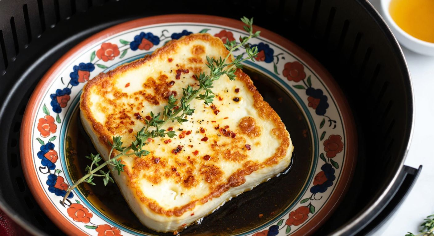 A golden-brown slice of halloumi cheese sizzling in an air fryer, sprinkled with red pepper flakes and thyme, resting on a traditional Turkish ceramic plate with a drizzle of honey nearby.