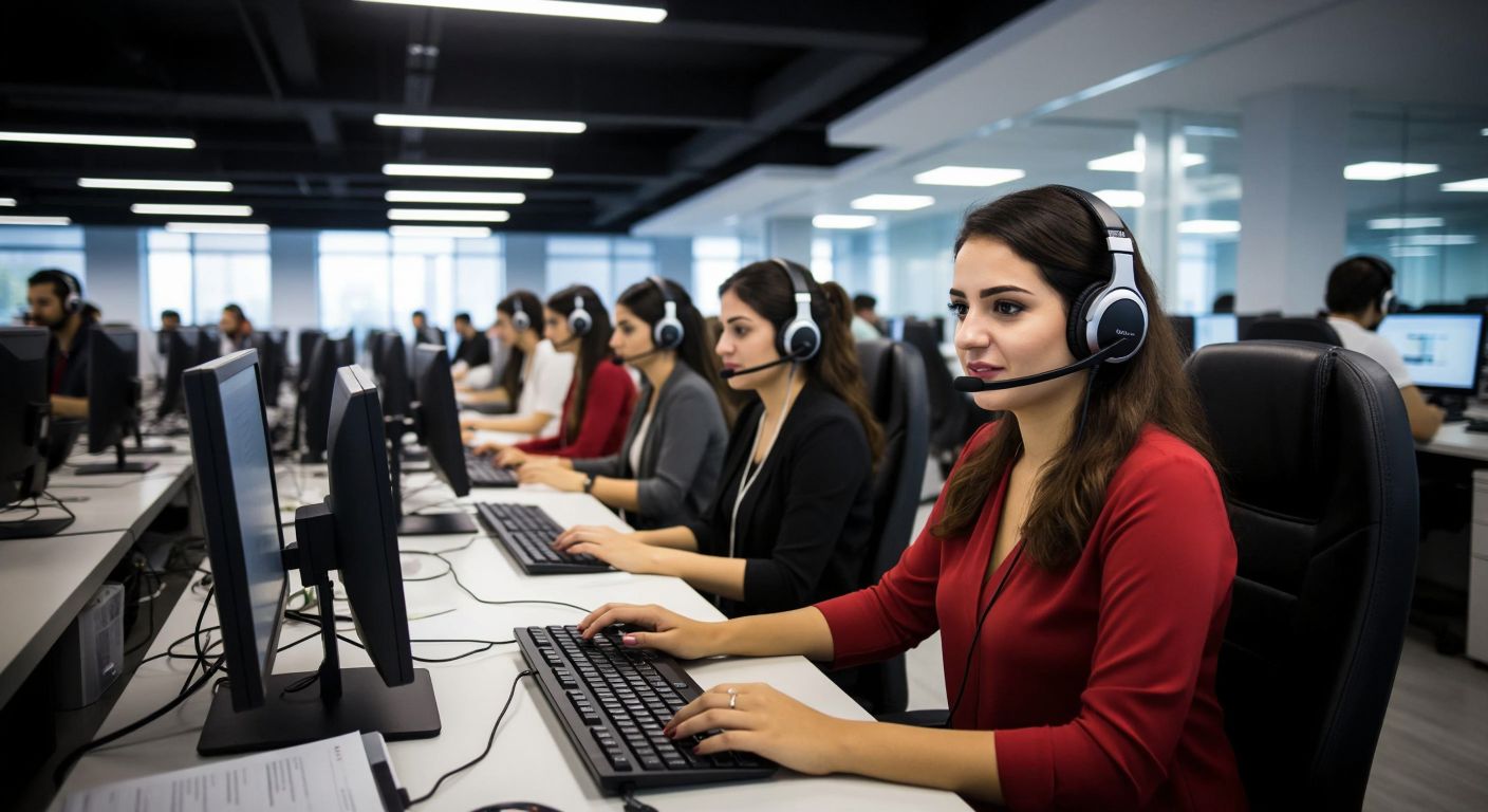 A busy Turkish call center with employees wearing headsets, sitting at desks with computers, under bright office lights, conveying a professional yet slightly hectic atmosphere.