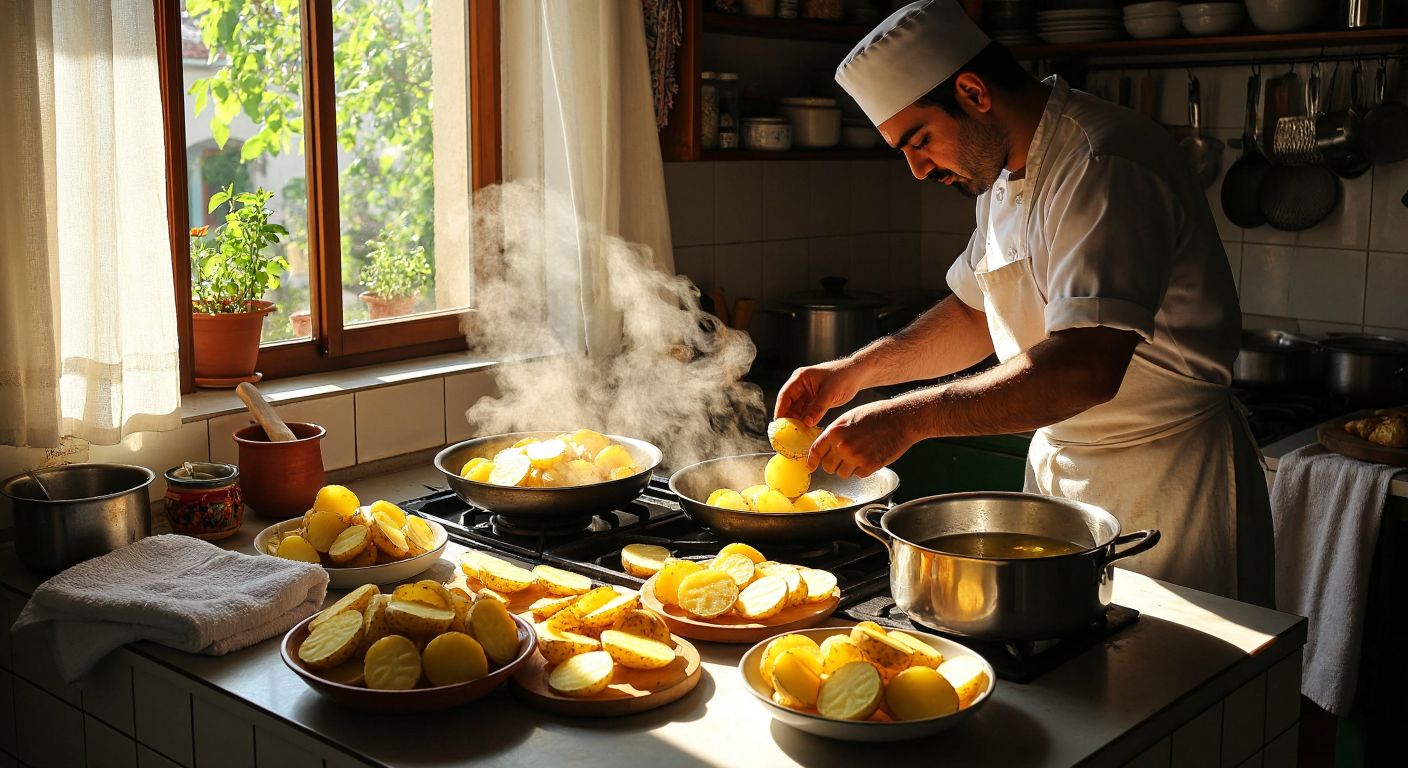 A Turkish cook in a sunlit kitchen carefully slices golden potatoes into thin rounds, while a bowl of cold water and a towel for drying sit nearby, with a pot of oil heating on the stove.