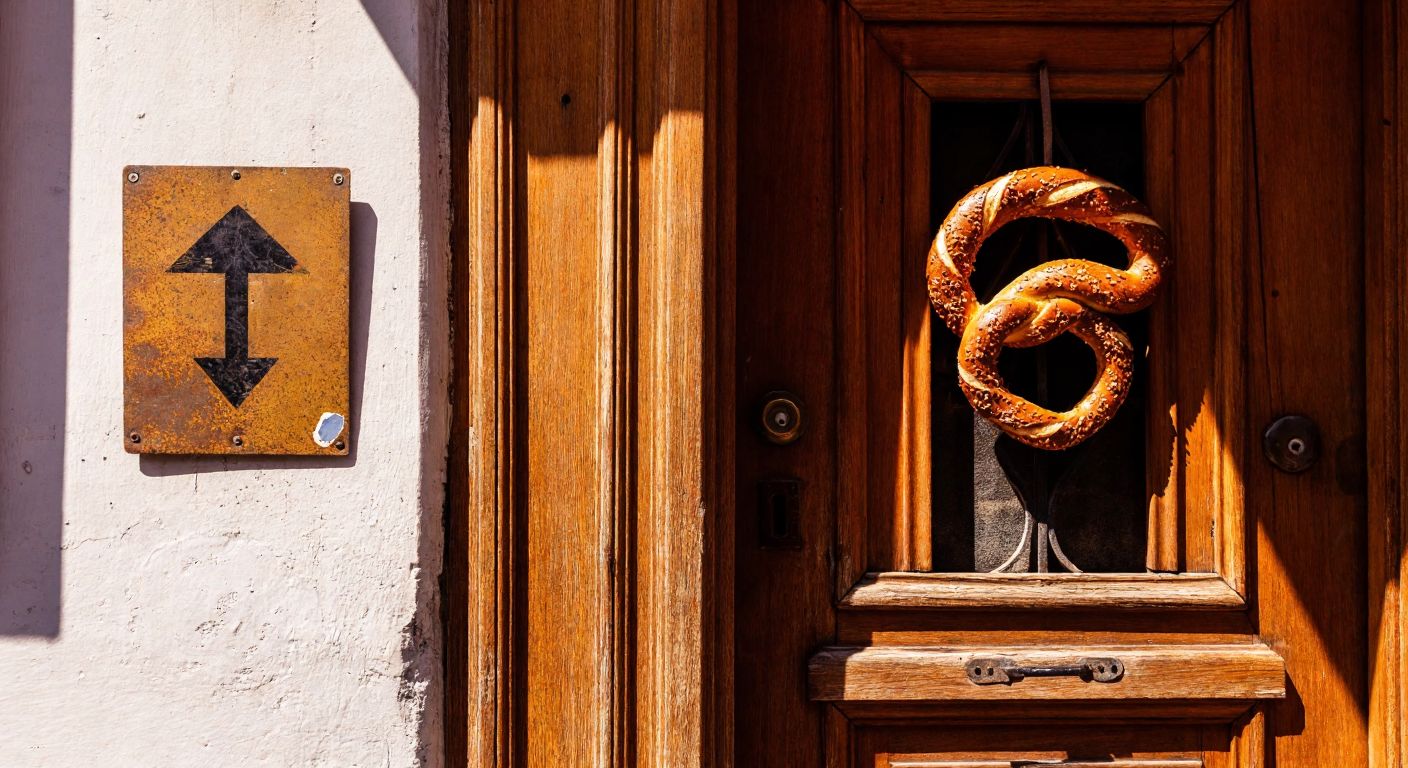 A weathered wooden door in an old Istanbul building with a small, faded metal sign showing an inward-opening arrow, surrounded by warm sunlight and the scent of freshly baked simit from a nearby street vendor.