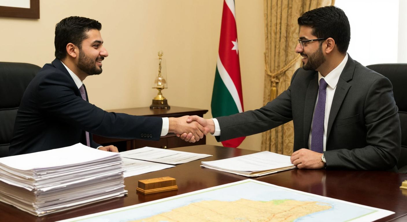 A Middle Eastern businessman in a suit shakes hands with an Iraqi official in a government office, with stacks of legal documents and a map of Iraq on the table between them.