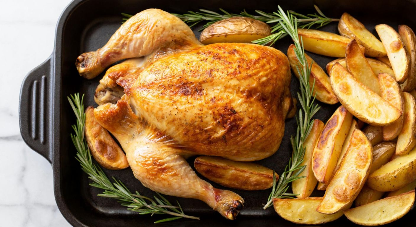 A golden-brown roasted chicken leg and crispy potato wedges arranged together on a rustic ceramic baking tray, garnished with fresh rosemary sprigs, evoking warmth and savory aroma.