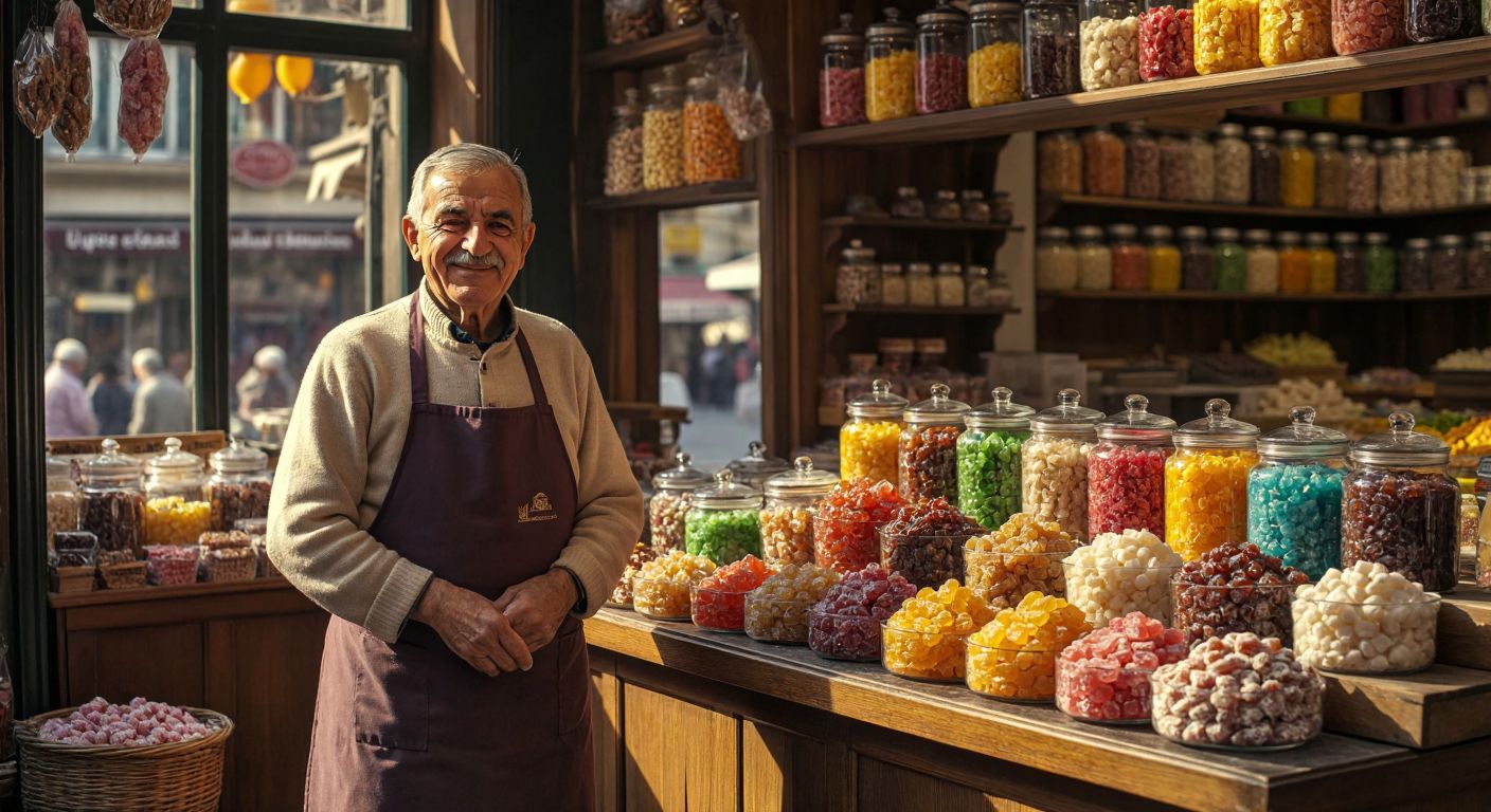A nostalgic Turkish candy shop with colorful jars of traditional sweets, an elderly shopkeeper in an apron smiling warmly, and a wooden counter displaying Uğurcan Şekerleme's treats under warm golden light.