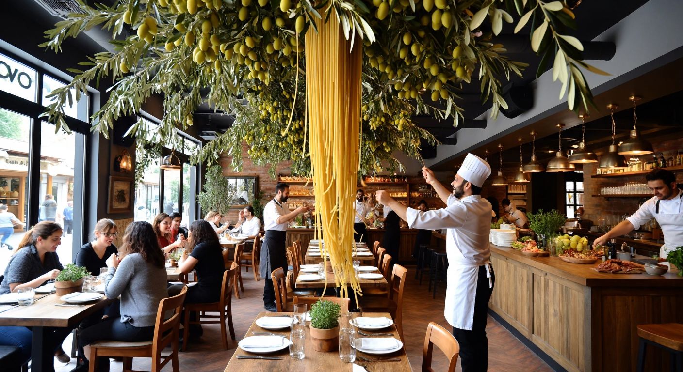 A warm, bustling Italian restaurant in Bursa with wooden tables, hanging olive branches, and a chef tossing fresh pasta, surrounded by happy diners enjoying dishes drizzled with golden olive oil.