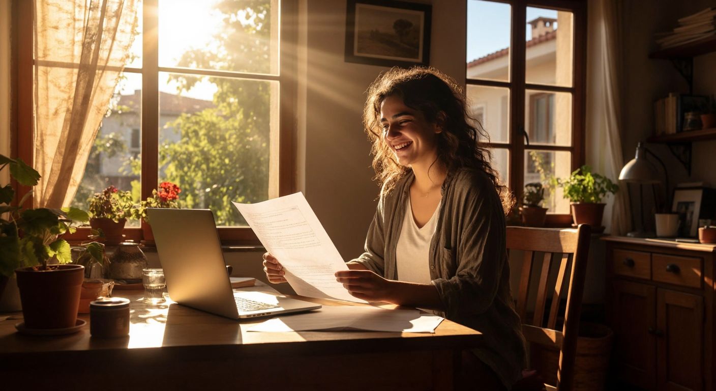 A person in Turkey sits at a wooden desk with a laptop open, smiling as they hold a freshly printed sheet of lined paper while sunlight streams through a window.