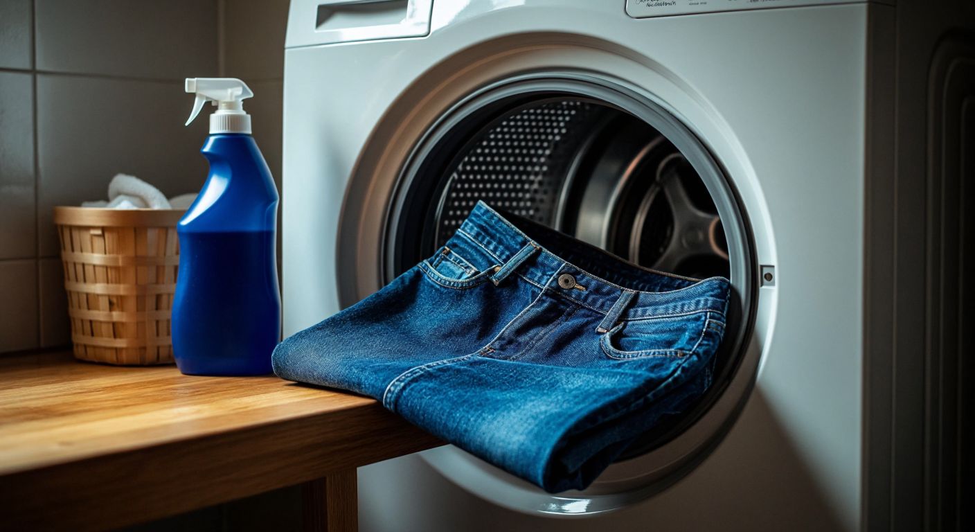 A pair of indigo-blue jeans turned inside out, gently placed in a washing machine with a detergent bottle labeled for dark colors nearby, under warm indoor lighting.