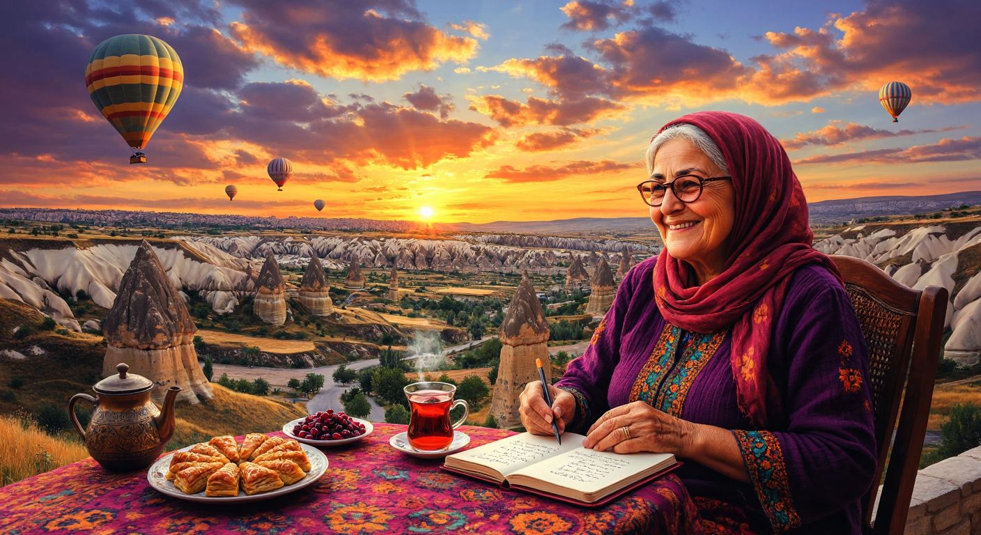 A vibrant Turkish sunset over Cappadocia’s fairy chimneys, with a smiling elderly woman in traditional şalvar pants writing in a notebook while sipping çay, surrounded by sketched dreams like hot air balloons and a plate of baklava.