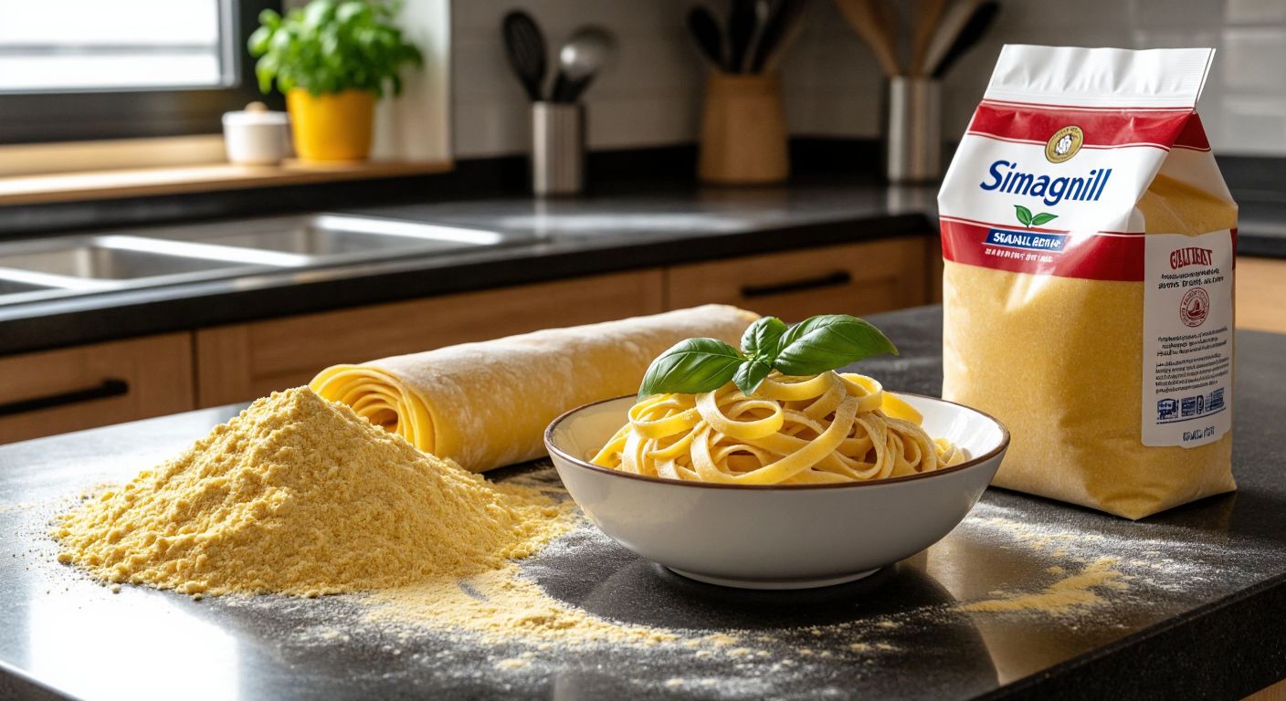 A Turkish kitchen counter with golden-yellow semolina flour spilling from a Sinangil-branded bag, fresh pasta dough being rolled out beside a bowl of creamy fettuccine topped with basil leaves.
