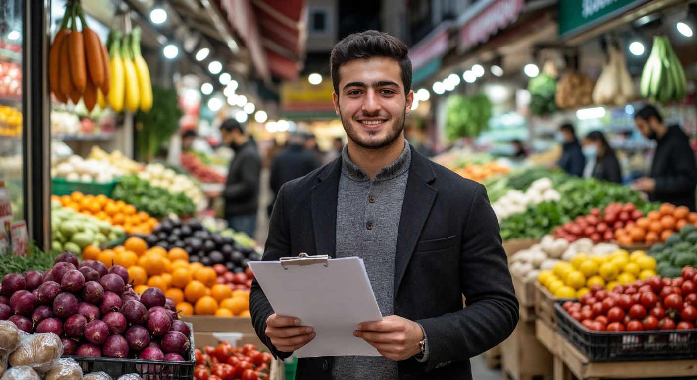 A young, neatly dressed Turkish person stands confidently in a bustling local market, holding a crisp, professional-looking document while smiling warmly at a shop owner arranging fresh produce.