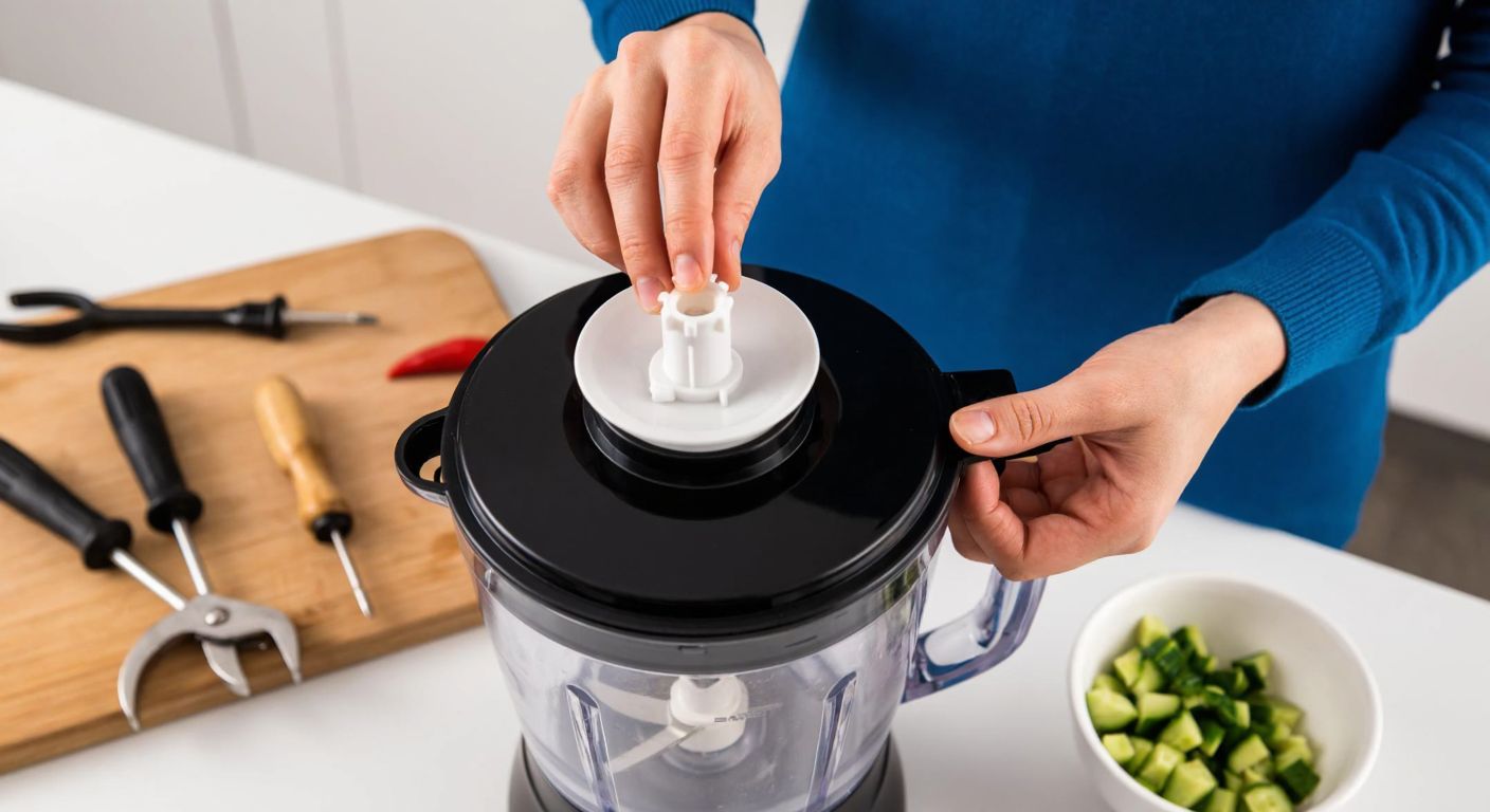 A close-up of hands carefully replacing a small, white plastic gear inside an Arçelik kitchen blender on a cluttered Turkish kitchen counter, with scattered tools and a bowl of chopped vegetables nearby.