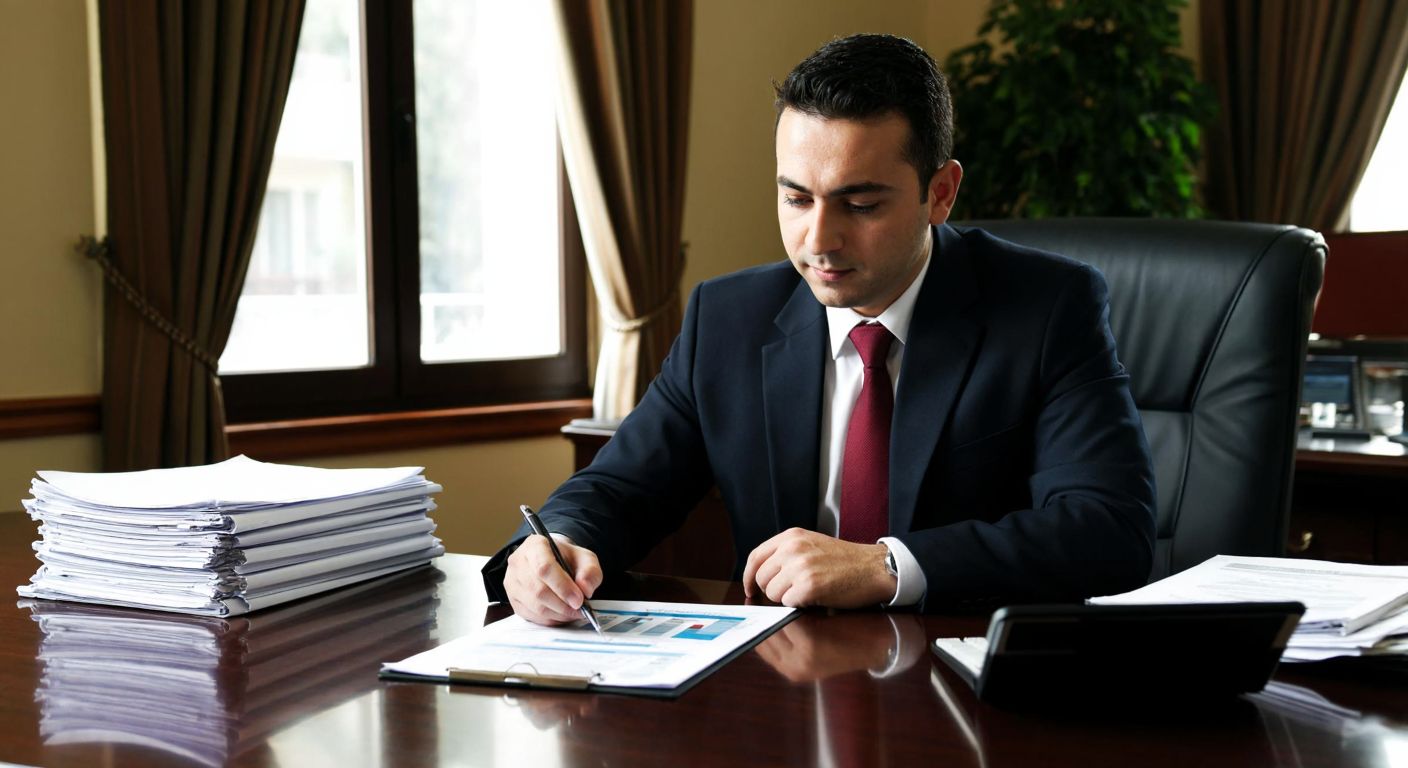A Turkish tax officer in a formal office setting reviews digital documents on a desk, with a calculator and a neatly stacked pile of tax forms nearby, conveying professionalism and efficiency.
