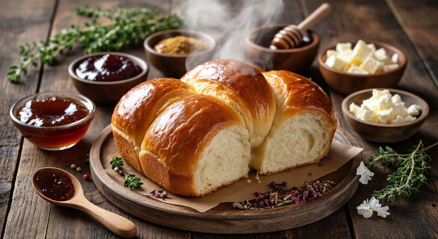 A golden-brown brioche bun, sliced open and steaming slightly, sits on a rustic wooden table surrounded by small bowls of honey, jam, soft cheese, and melted chocolate, with fresh herbs and spices like cumin and thyme scattered nearby.