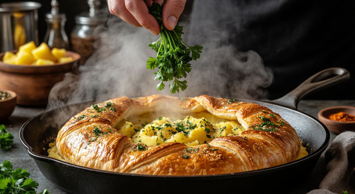 A golden-brown, flaky pastry filled with spiced mashed potatoes sizzles in a cast-iron pan on a Turkish kitchen counter, steam rising as a hand sprinkles fresh parsley over it.