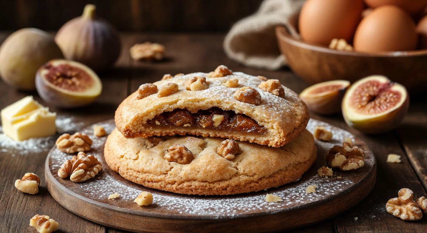 A warm, golden-brown İncirli biskrem cookie sits on a rustic wooden table, its flaky layers slightly cracked to reveal a sweet filling of softened dried figs and crushed walnuts, surrounded by scattered ingredients like butter, eggs, and powdered sugar.