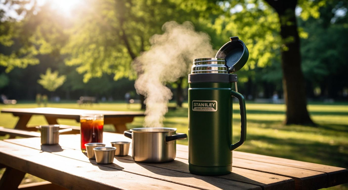 A sturdy green Stanley thermos sits on a wooden picnic table in a sunny Turkish park, steam gently rising from its open lid, surrounded by small cups and a pot of simmering çay.