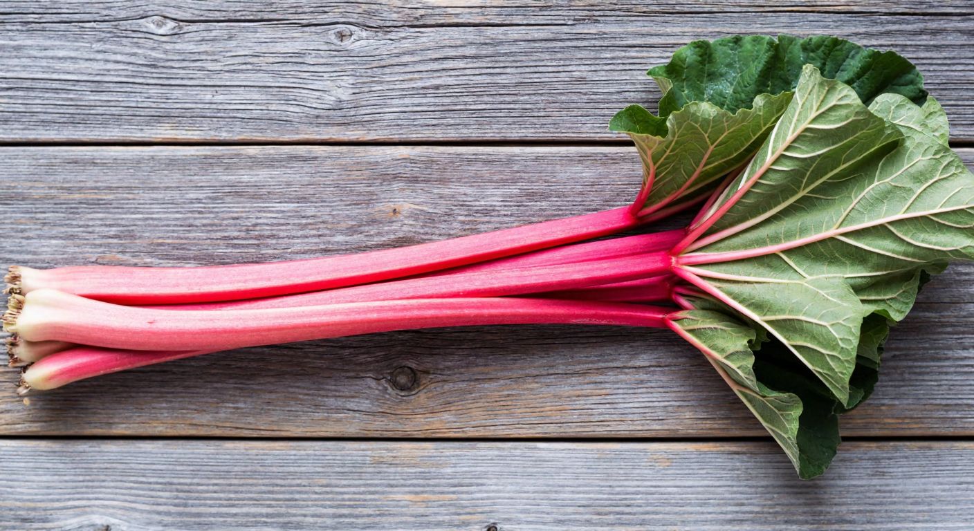 A vibrant pink rhubarb stalk with fresh green leaves, resting on a rustic wooden table, evoking a tangy, fresh scent.