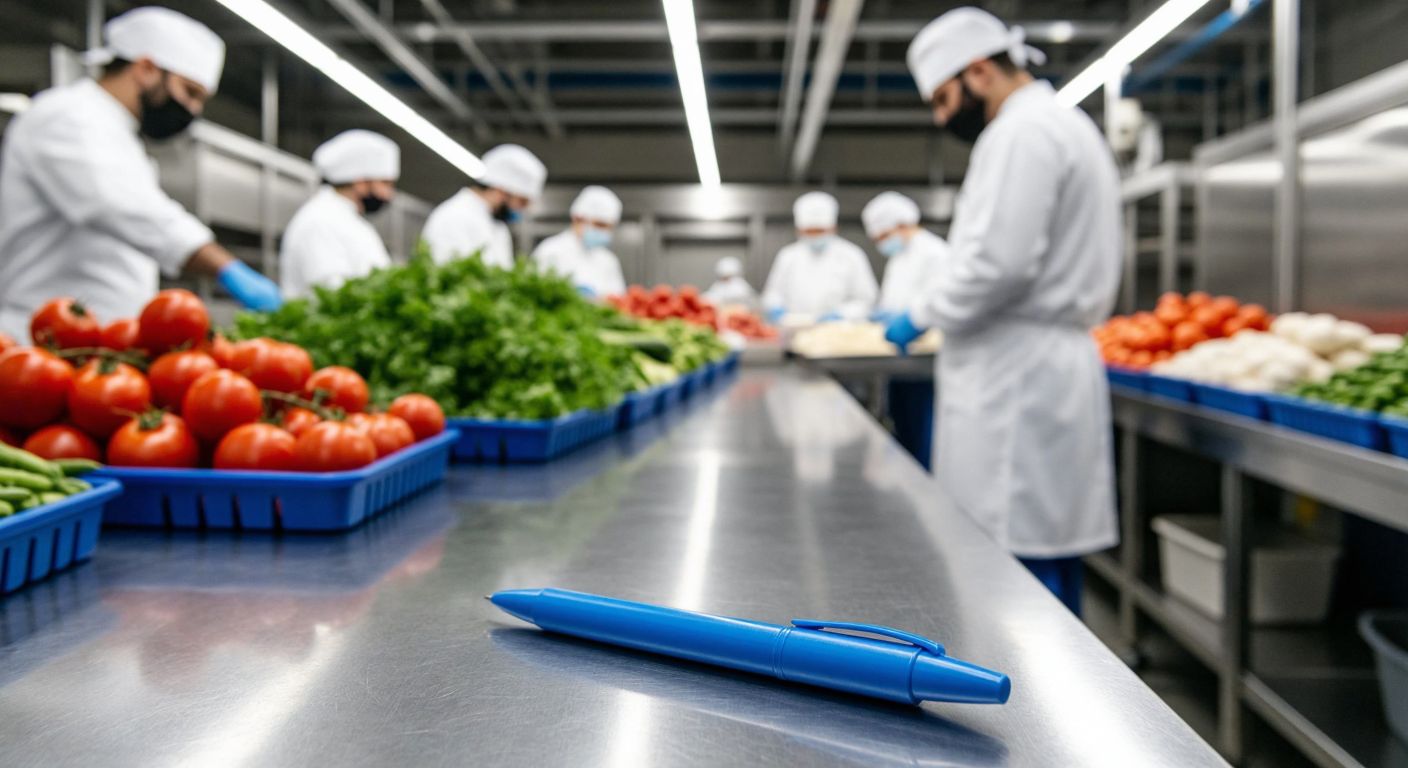 A bright blue detectable pen rests on a stainless steel table in a bustling Turkish food processing facility, surrounded by fresh produce and workers in white hygienic uniforms inspecting products.