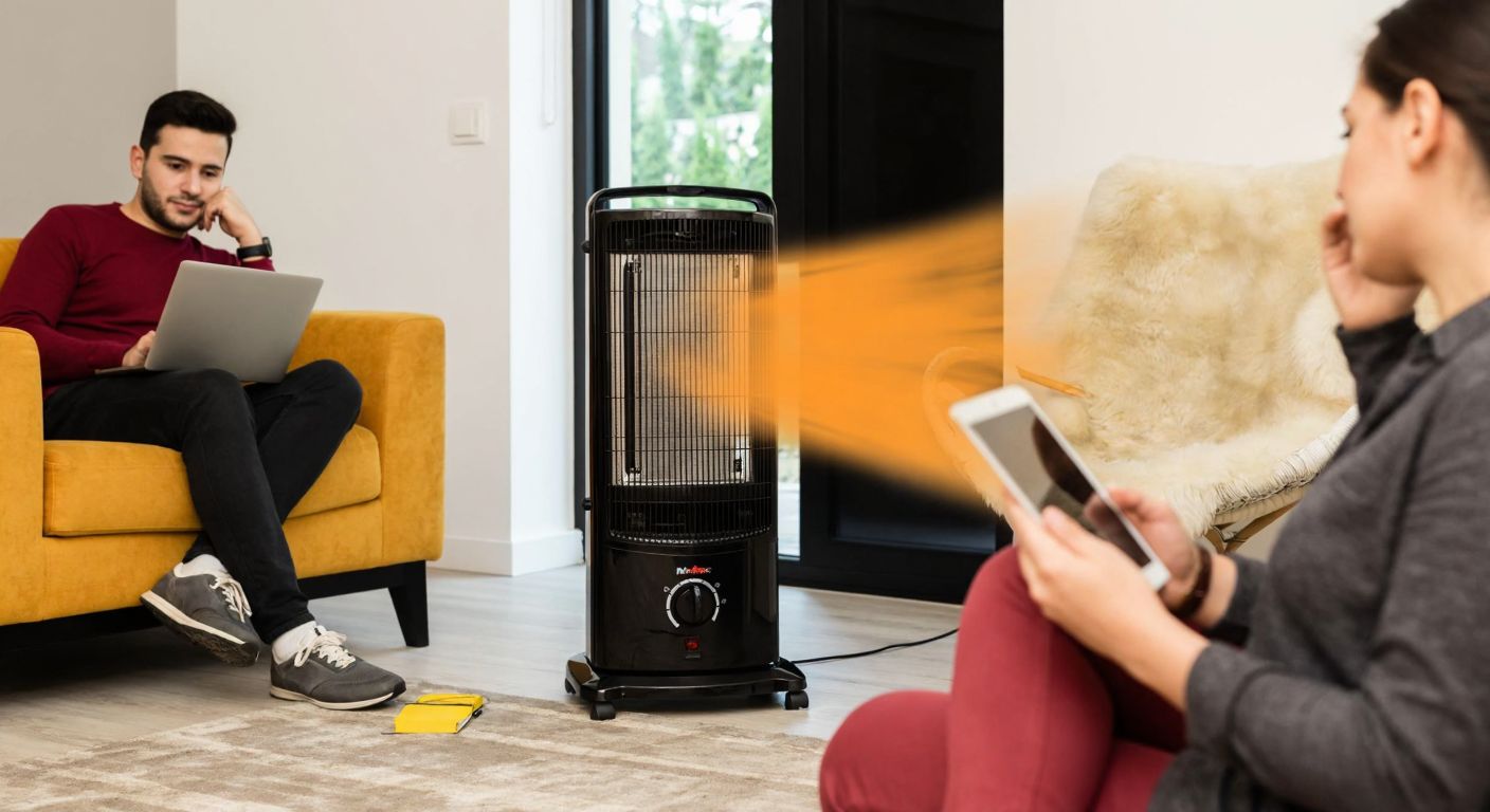 A modern Turkish living room with a Marsstar heater placed near a cozy armchair, its fan gently blowing warm air while a person nearby reads reviews on a tablet with a thoughtful expression.