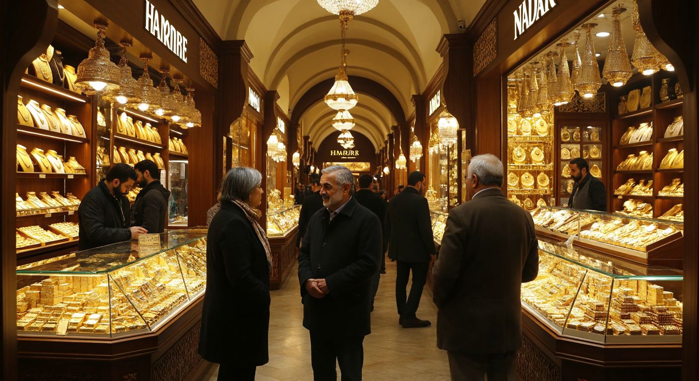 A bustling Turkish gold bazaar with two prominent shops—Harem Altın and Nadir Altın—facing each other, their gleaming gold displays reflecting warm light while merchants engage in animated conversation.