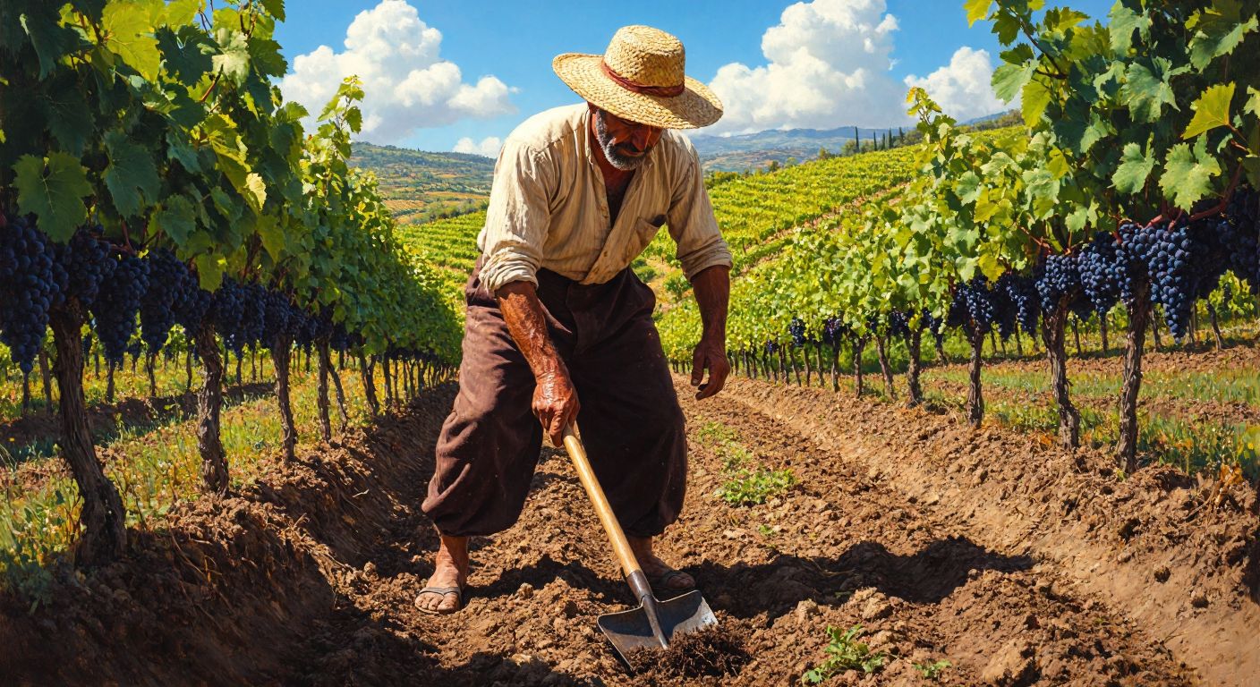 A farmer in a sunlit Turkish vineyard, wearing a traditional şalvar and a straw hat, vigorously hoeing the soil with a wooden-handled tool while sweat glistens on his brow.