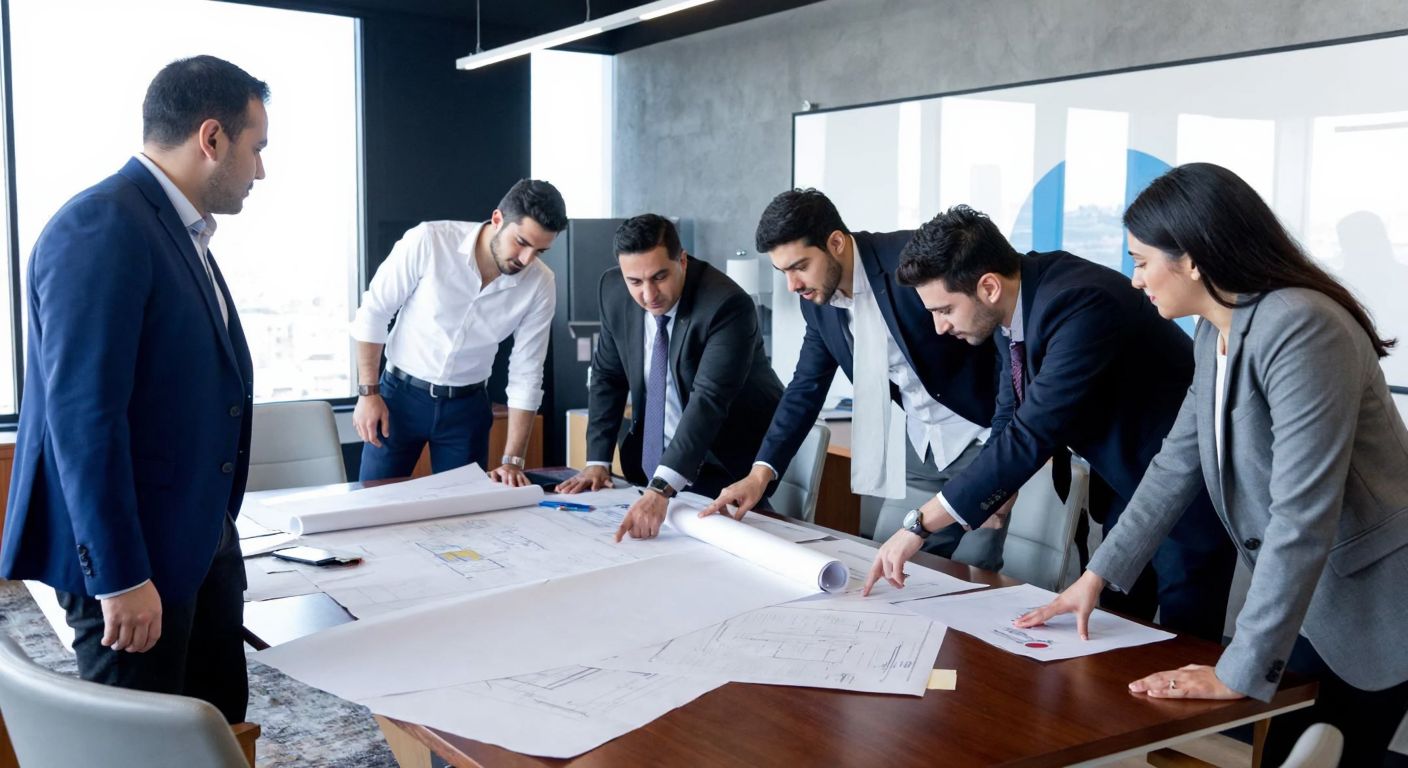 A group of diverse professionals in a modern Istanbul municipal office, gathered around a large table covered with documents and blueprints, collaboratively discussing and pointing at strategic plans with focused expressions.