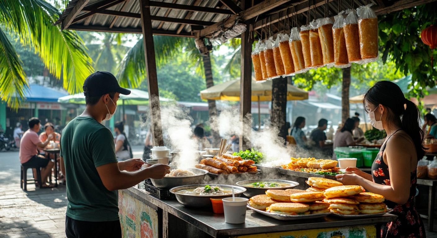 A vibrant Vietnamese street food stall with steaming bowls of pho, crispy banh mi sandwiches, and colorful bánh xèo pancakes, surrounded by locals enjoying iced coffee and fresh coconut water under the shade of palm trees.