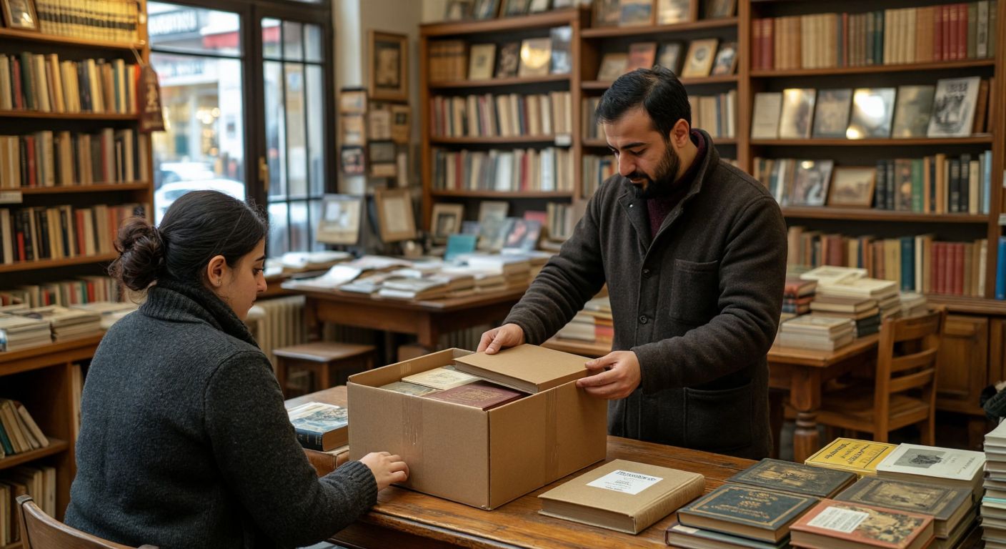 A Turkish seller carefully packing a vintage book in a brown cardboard box, with a shipping label nearby, while a customer waits patiently at a wooden table in a cozy bookstore.