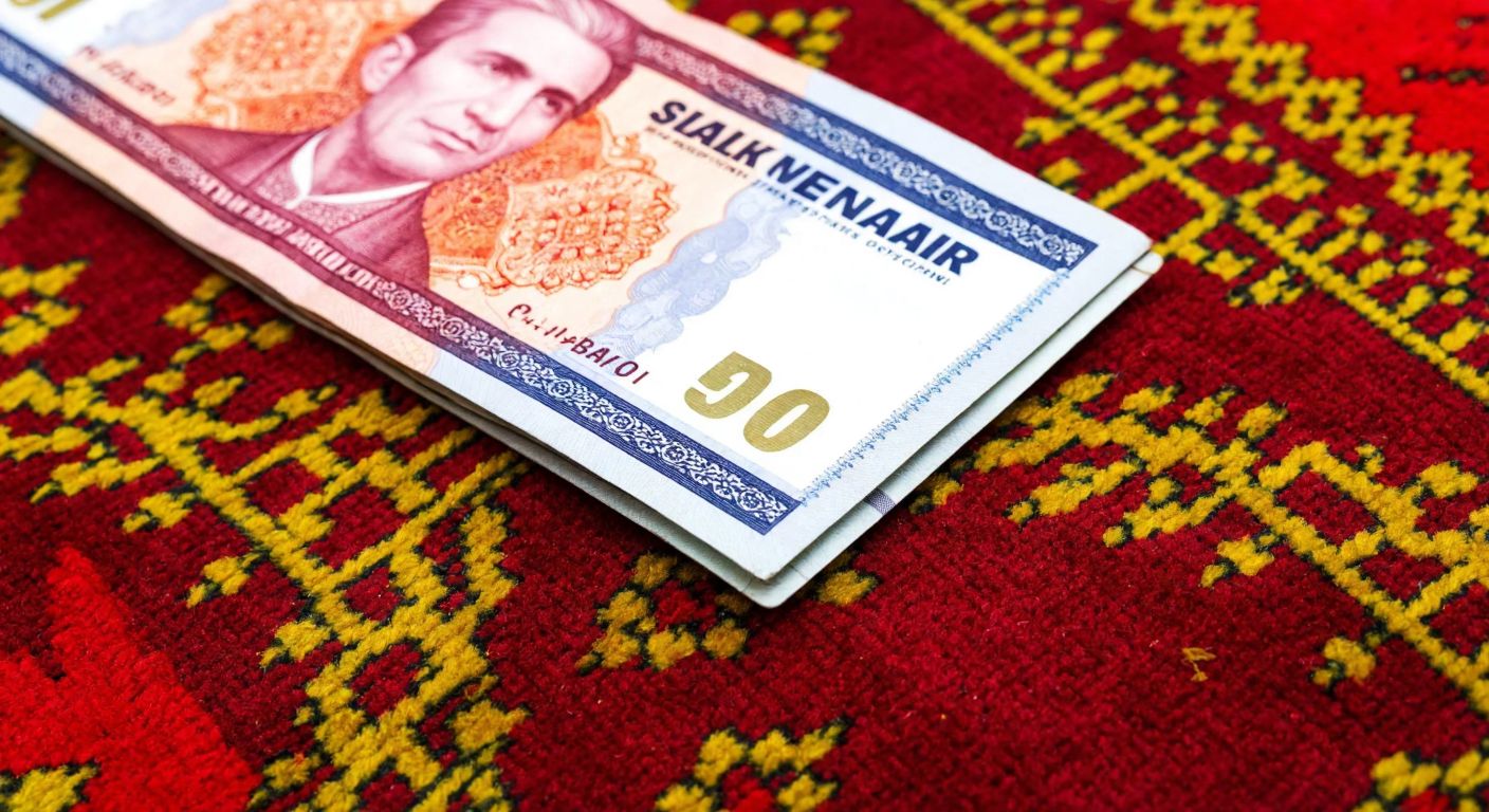 A close-up of a colorful Turkmen manat banknote resting on a traditional Turkmen carpet with intricate red and gold patterns.